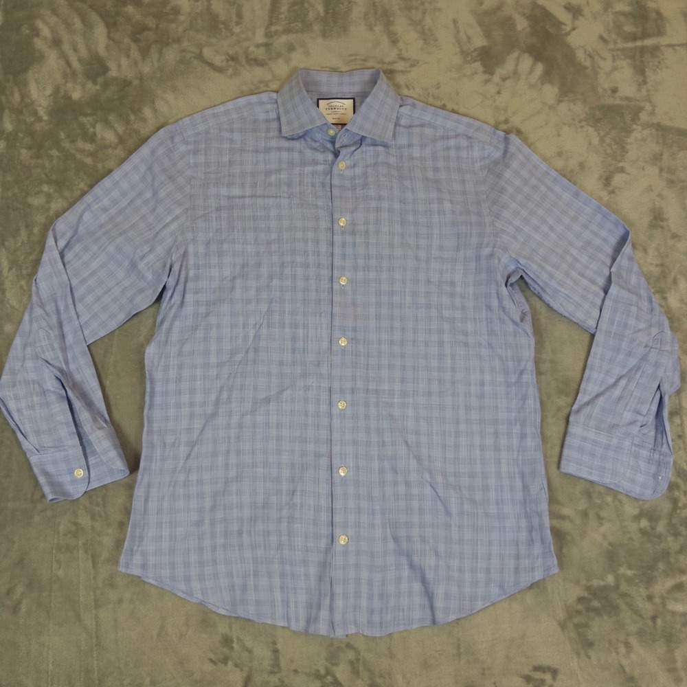 Charles Tyrwhitt Dress Shirt Mens 16/34 Blue Check Slim Fit Linen Cotton Blend